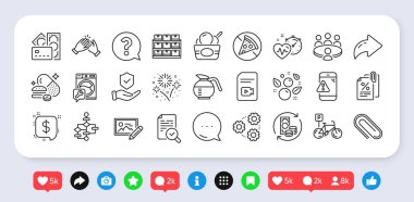 Vergi belgeleri, kahve fincanı ve havai fişek koleksiyonu simgeleri. Sosyal medya: paylaşım, yorum, ikonlar gibi. Sigortacı el, yemek yasağı, soru işareti web simgesi. Vektör