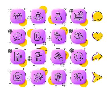 Göz dedektörü, Kullanıcı Bildirimi ve Yüz Tanıma simgeleri. Uygulama 3d düğmeleri. Sosyal medya yorumları, paylaşım, ikonlar gibi. Asansör paketi, video ikonu gibi. Aşağı in, Mühendis, gülümse. Vektör