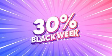Kara hafta güneş ışınları gradyan bayrağı. Işık patlaması arka planı. Kara hafta yüzde 30 indirimli. Özel indirim tabelası. Kara Cuma teklif sembolü. Artan güneş ışınları. Güneş ışığı. Vektör