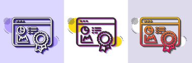 Seo istatistik çizgisi simgesi. Yarı ton noktalı desen. Gradyan simgesi ve tahıl gölgesi. Arama motoru sertifikası. Analitik grafik sembolü. Satır seo sertifika simgesi. Çeşitli tasarımlar. Vektör