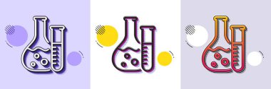 Kimya laboratuarı ikonu. Yarı ton noktalı desen. Gradyan simgesi ve tahıl gölgesi. Laboratuvar matarası işareti. Analiz sembolü. Çizgi kimya laboratuarı ikonu. Çeşitli tasarımlar. Vektör
