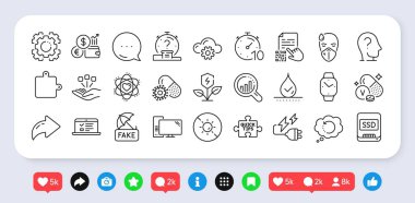 Elektrik prizi, Coronavirus hapları ve güneş çizgisi simgeleri yok. Sosyal medya: paylaşım, yorum, ikonlar gibi. Bulmaca, Ssd, Quiz web simgesi. Psikoloji, QR kodu, veri kurtarma piktogramı. Vektör