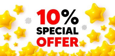 3D yıldızlı indirimli afiş. Altın yıldızlı pankart. Yüzde 10 indirim teklif etiketi. İndirimli reklam tabelası. Özel teklif sembolü. Oran arkaplanını gözden geçir. Vektör