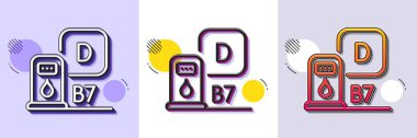 Dizel istasyon hattı simgesi. Yarı ton noktalı desen. Gradyan simgesi ve tahıl gölgesi. İstasyon tabelası. B7 sıvı yakıt sembolü. Dizel hat ikonu. Çeşitli tasarımlar. Vektör