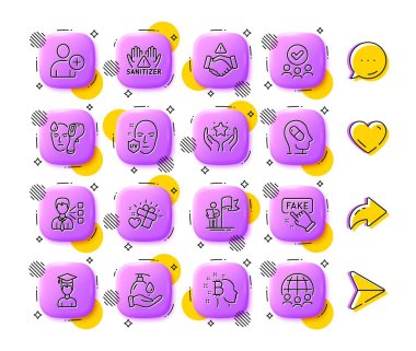 Onaylanmış grup, aşk hediyesi ve liderlik çizgisi simgeleri. Uygulama 3d düğmeleri. Sosyal medya yorumları, paylaşım, ikonlar gibi. Bir sürü sıralama, üçüncü parti, Bitcoin ikonu. Vektör