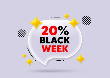 Kara hafta sohbet balonu. Sosyal medya konsepti. Kara hafta yüzde 20 indirimli. Özel indirim tabelası. Kara Cuma teklif sembolü. 3D Sparkles sohbet balonu. Vektör