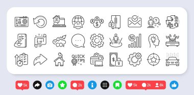 Mimari plan, evde çalışma ve anakart çizgisi simgeleri. Sosyal medya: paylaşım, yorum, ikonlar gibi. Yazılım, Arama çalışanı, Wifi web simgesi. Ev, Zamanlayıcı, Kurtarma verileri. Vektör