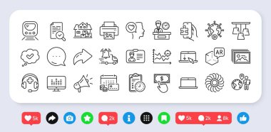 Sunum zamanı, tıbbi destek ve dağıtım hattı simgeleri paketi. Sosyal medya: paylaşım, yorum, ikonlar gibi. Yazdırma resmi, güçlendirilmiş gerçeklik, Tavan lambası ikonu. Vektör