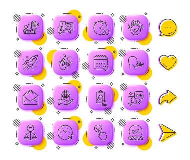 Caz, Zamanlayıcı ve Sağlık Takvimi simgeleri. Uygulama 3d düğmeleri. Sosyal medya yorumları, paylaşım, ikonlar gibi. Etik paketi, doğrulanmış internet, zaman yönetimi ikonu. Vektör