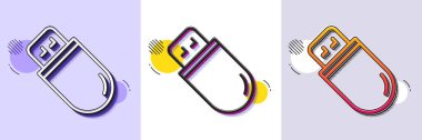 Usb çubuk çizgisi simgesi. Yarı ton noktalı desen. Gradyan simgesi ve tahıl gölgesi. Bilgisayar belleği işareti. Veri depolama sembolü Sıra usb çubuk simgesi. Çeşitli tasarımlar. Vektör