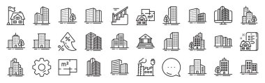Bina çizgisi simgeleri. Ayarlar, mesaj, enflasyon simgeleri. Banka, otel, adliye. Şehir, gayrimenkul, mimarlık binaları ikonları. Hastane, kasaba evi, müze. Vektör