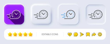 Hızlı teslimat çizgisi simgesi. Neumorfik, düz gölge, üç boyutlu düğmeler. Zaman işareti. Hat hızlı dağıtım simgesi. Sosyal medya simgeleri. Vektör