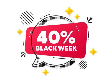Kara hafta sohbet balonu. Sosyal medya konsepti. Kara hafta% 40 indirimli. Özel indirim tabelası. Kara Cuma teklif sembolü. Kırmızı sohbet mesajı. Konuşma balonu teklif et. Parlak 3D yıldızlar. Vektör