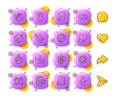 Sosyal mesafe, kontrol listesi ve el dezenfektanı simgeleri. Uygulama 3d düğmeleri. Sosyal medya yorumları, paylaşım, ikonlar gibi. Bir paket Coronavirus koruması, dokunma, Coronavirus ikonu rapor et. Vektör