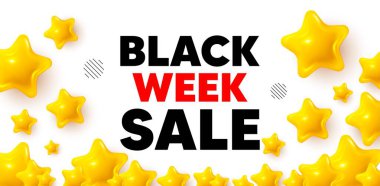 Siyah hafta ödüllü, 3D yıldızlı afiş. Altın yıldızlı pankart. Kara hafta satışı. Özel indirim tabelası. Kara Cuma teklif sembolü. Oran arkaplanını gözden geçir. Vektör