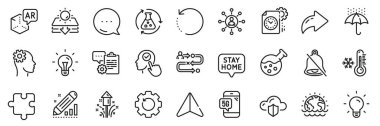 Su geçirmez şemsiye, Networking ve Artırılmış gerçeklik çizgisi simgeleri paketi. Paylaş, Mesaj, Kağıt uçak simgeleri. Havai fişekler, fikirler, son teslim tarihi web simgesi. Vektör