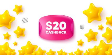 Nakit para etiketi yıldız afişi. 3d yıldızlı arka plan. 20 Usd nakit. Para iadesi tabelası. Reklam sembolünü geri al. Kazanan ışıltılı bayrak. Tanıtım geçmişi. Vektör