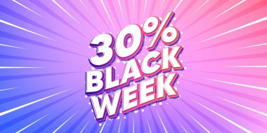 Kara hafta güneş ışınları gradyan bayrağı. Işık patlaması arka planı. Kara hafta yüzde 30 indirimli. Özel indirim tabelası. Kara Cuma teklif sembolü. Artan güneş ışınları. Güneş ışığı. Vektör