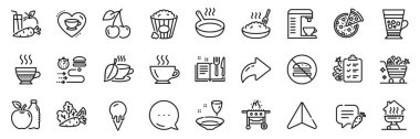 Kahveye bayılırım, Cherry ve hamburger çizgisi ikonu yok. Paylaş, Mesaj, Kağıt uçak simgeleri. Kahve makinesi, sebzeler, yemek dağıtım web ikonu. Frappe, Lapa, Izgara Piktogram. Vektör