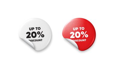 Etiket etiketleri indirimli. Parlak kağıt fiyatlı rozet. Yüzde 20 'ye varan indirim. Satılık fiyat tabelası. Özel teklif sembolü. Yüzde 20 tasarruf ederiz. Yuvarlak çıkartma teklif et. Reklam afişi. Vektör