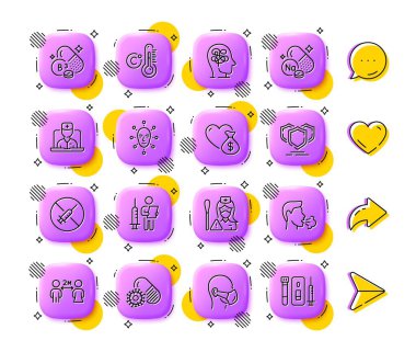 Coronavirus hapları, öksürük ve sodyum mineral hattı ikonları. Uygulama 3d düğmeleri. Sosyal medya yorumları, paylaşım, ikonlar gibi. Bir paket Shields, Stres, bağış ikonu. Vektör