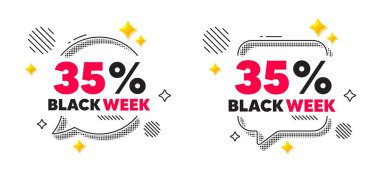 Kara hafta sohbet balonu. Sosyal medya konsepti. Kara hafta% 35 indirim. Özel indirim tabelası. Kara Cuma teklif sembolü. 3D parlayan yıldızlar sohbet baloncuğu. Vektör
