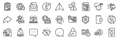 Kilitle, Başparmak aşağı ve yiyecek dağıtım hattı simgeleri paketle. Paylaş, Mesaj, Kağıt uçak simgeleri. Kalkan, kardiyo eğitimi, açık arttırma çekiç ağı ikonu. Bilgi, Uyarı, Hızlı ipuçları resim grafiği. Vektör