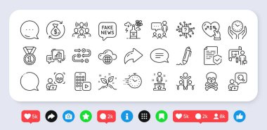 Başlangıç konsepti, Telefon uygulaması ve Güvenli zaman çizelgesi simgeleri paketi. Sosyal medya: paylaşım, yorum, ikonlar gibi. Takım çalışması, sahte haberler, web ikonu. Sohbet, cinsiyet, zaman çizelgesi. Vektör