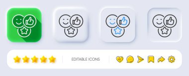 Sosyal medya çizgi simgesini sever. Neumorfik, düz gölge, üç boyutlu düğmeler. Baş parmak işareti. Olumlu gülümseme geri bildirim sembolü. Simge gibi çizgi. Sosyal medya simgeleri. Vektör