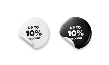 Etiket etiketleri indirimli. Parlak kağıt fiyatlı rozet. Yüzde 10 'a kadar indirim etiketi. Satılık fiyat tabelası. Özel teklif sembolü. Yüzde 10 tasarruf et. Yuvarlak çıkartma teklif et. Reklam afişi. Vektör