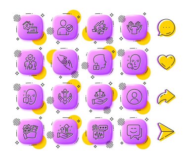 Yüz taraması, kilidi açma sistemi ve Vesikalık atış çizgisi simgeleri. Uygulama 3d düğmeleri. Sosyal medya yorumları, paylaşım, ikonlar gibi. Bir paket biyometrik güvenlik, iş yeri, aile sigorta ikonu. Vektör