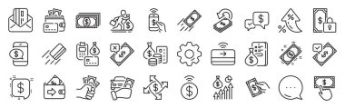 Ödeme cüzdanı çizgisi simgeleri. Ayarlar, mesaj, enflasyon simgeleri. Para transferi seti, posta simgeleriyle telefon ve kredi kartıyla ödeme. Vektör