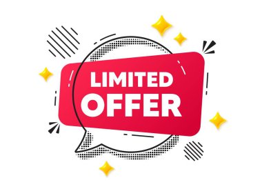 Kısıtlı sohbet konuşma balonu. Sosyal medya konsepti. Sınırlı teklif etiketi. Özel tanıtım işareti. Satış terfisi sembolü. Kırmızı sohbet mesajı. Konuşma balonu teklif et. Parlak 3D yıldızlar. Vektör