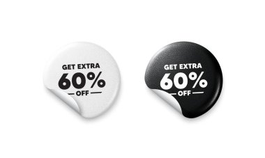 Ekstra indirim etiketleri. Parlak kağıt fiyatlı rozet. Satıştan% 60 indirim al. İndirimli fiyat tabelası. Özel teklif sembolü. Yüzde 60 tasarruf et. Yuvarlak çıkartma teklif et. Reklam afişi. Vektör