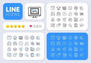 Web uygulaması için şifre şifreleme, Brand and and Checklist satır simgeleri. Mesaj, Paylaş, sosyal medya simgeleri gibi. Yıllık takvim paketi, onaylanmış posta, bulmaca oyunu resim simgeleri. Vektör