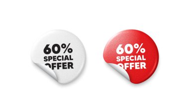 İndirim etiketleri. Parlak kağıt fiyatlı rozet. Yüzde 60 indirim teklif etiketi. İndirimli reklam tabelası. Özel teklif sembolü. Yuvarlak çıkartma teklif et. Reklam afişi. Vektör