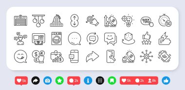 İnternet, Seo Fikri ve Vergi İdaresi ikonları. Sosyal medya: paylaşım, yorum, ikonlar gibi. Otopark, gülen surat, akıllı telefon tamir ikonu. Vektör