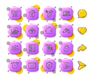 Alarm saati, zaman ve el çırpma simgeleri. Uygulama 3d düğmeleri. Sosyal medya yorumları, paylaşım, ikonlar gibi. Açık kapı paketi, Yoga, Takvim simgesi. Evde çalış, Bilmece, Kirli Su Pictogramı. Vektör