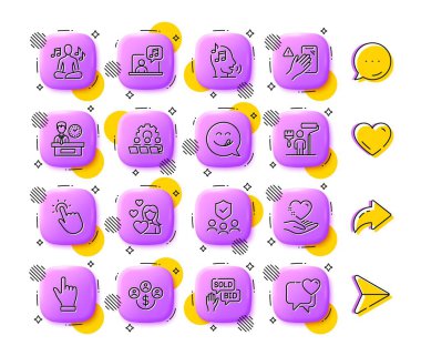 Aşk, para ve sigorta şirketleri ikonları satın almak. Uygulama 3d düğmeleri. Sosyal medya yorumları, paylaşım, ikonlar gibi. Dokunma Paketi, Sesli Mesaj, Tatlı Gülümseme ikonu. Vektör