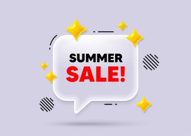 Yaz satışı sohbet balonu. Sosyal medya konsepti. Yaz indirimi etiketi. Özel fiyat tabelası. Reklam indirimi sembolü. 3D Sparkles sohbet balonu. Vektör