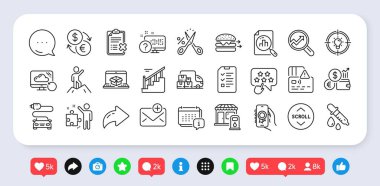 Analitik grafik, Reddetme listesi ve merdiven çizgisi simgeleri. Sosyal medya: paylaşım, yorum, ikonlar gibi. Aşağıya in, Liderlik, Kurtarma Bulut Ağı simgesi. Vektör