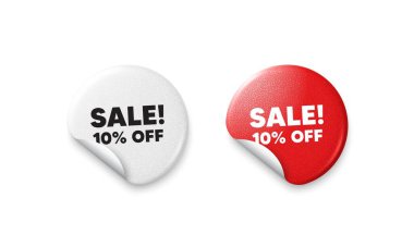 İndirimli etiket. Parlak kağıt fiyatlı rozet. İndirim% 10. Promosyon fiyatı tabelası. Satış rozeti sembolü. Yuvarlak çıkartma teklif et. Reklam afişi. Vektör
