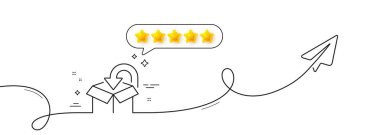 Paket satırı simgesini geri ver. Paylaşım düzlemiyle aralıksız çizgi. Teslimat kutusu tabelası. Lojistik servis sembolü. Konuşma balonunda beş yıldızlı değerlendirme. Paketi tek sıra halinde geri ver. Vektör