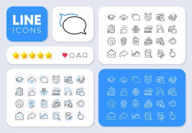Web uygulaması için arama belgesi, El Tıklama ve E- posta satırı simgeleri. Mesaj, Paylaş, sosyal medya simgeleri gibi. Teftiş paketi, mezuniyet şapkası, Candlestick grafik simgeleri. Vektör