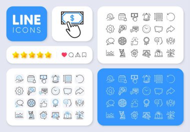 Hızlı ipuçları, Yel değirmeni ve web uygulaması için internet hattı simgeleri. Mesaj, Paylaş, sosyal medya simgeleri gibi. Bir paket avukat, mikroskop, kare kare piktogram ikonları. Vektör