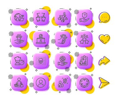 Güvenli gezegen, hareketli jest ve Şef çizgisi simgeleri. Uygulama 3d düğmeleri. Sosyal medya yorumları, paylaşım, ikonlar gibi. Hayvan bakımı, vesikalık fotoğraf, siber saldırı ikonu. Vektör