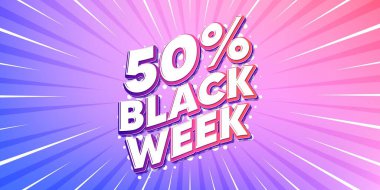 Kara hafta güneş ışınları gradyan bayrağı. Işık patlaması arka planı. Kara hafta% 50 indirimli. Özel indirim tabelası. Kara Cuma teklif sembolü. Artan güneş ışınları. Güneş ışığı. Vektör