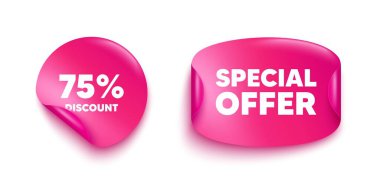 İndirim etiketi afişi. Kağıt fiyat etiketi. Yüzde 75 indirim etiketi. Satılık fiyat tabelası. Özel teklif sembolü. Mesajlı kağıt çıkartması. Etiket afişini teklif et. Vektör