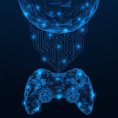 Oyun joystick 'ini küresel ağa bağlıyorum. Birbirine bağlı çizgi ve noktaların çokgen tasarımı. Mavi arkaplan.
