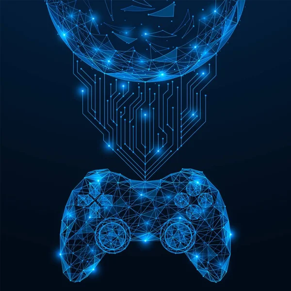 stock vector Connecting the game joystick to the global network. Polygonal design of interconnected lines and points. Blue background.